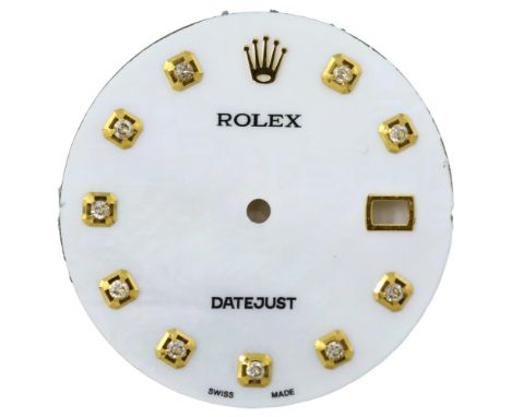 A Custom Rolex Datejust Diamond Dial, white mother-of-pearl Rolex dial with round diamond hour markers, diameter 28mm

No dam