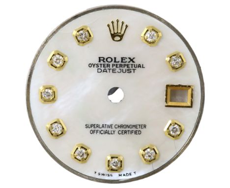 A Custom Rolex Datejust Diamond Dial, white mother-of pearl dial with round diamond hour markers, diameter 19.9mm

Dial has s