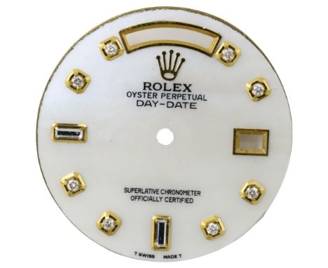 A Custom Rolex Day-Date Diamond Dial, white mother-of-pearl dial with round diamond and baguette paste hour markers and day/d