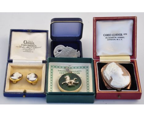 A 9ct mounted oval carved cameo portrait brooch, a pair of similar ear clips, jade pendant and a silver swan brooch