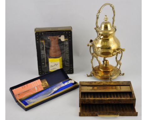 A brass teapot and stand, together with a vintage two tier tambour-topped faux burr walnut cigarette box, a vintage boxed pep