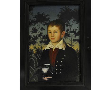 20th Century European School portrait of a boy holding a magpie, oil on board, 44 x 29cm