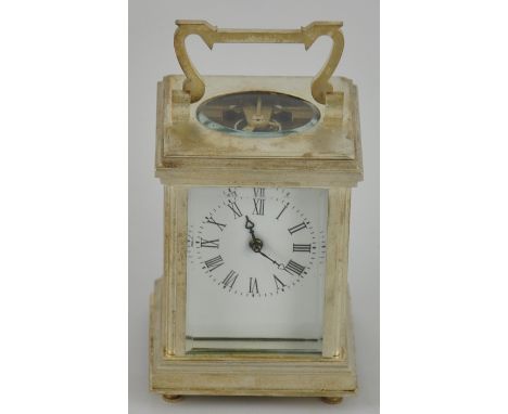 A silver plated carriage clock with key, h:11cm