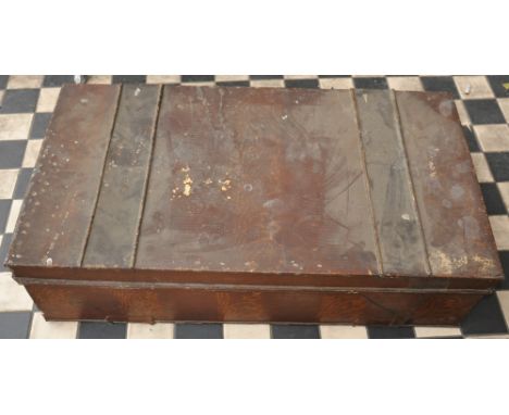 A vintage steel trunk, together with a copper electric kettle, and other metalware