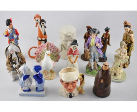 A quantity of decorative ceramic and resin figures, together with a bust of Elvis, a Dickie Bird character jug, etc. (14)