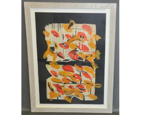 Acrylic on pierced papyrus and paper, abstract composition with autumnal foliage, unsigned, 83 x 59cm