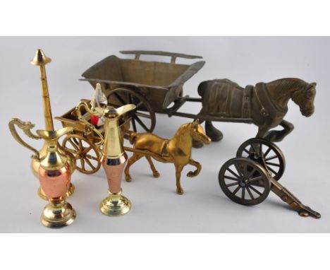 A brass model of a shire horse & cart, L. 44cm, together with a quantity of brass and other metalware (6)