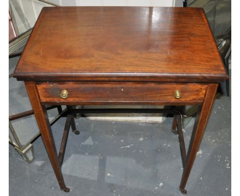 An Edwardian satinwood banded folding card table, the baize lined swivel top over frieze drawer on square tapered legs