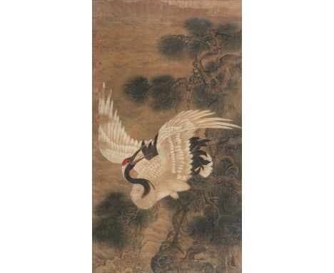 Kranich und KieferChina, 18. Jh.150 x 83 / 158,7-163 x 90 cm R.Tusche und Farben auf Seide, hinter Glas gerahmt. Mandschurenk