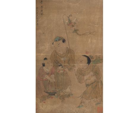 Jin ZunnianChina, 18./ 19. Jh.81,2 x 47,5 / 107,4 x 70 cm, R.Drei Jungen, die Glücksembleme tragen. Gerahmt unter Glas, Tusch