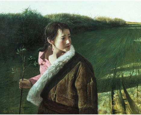 Yuan Min (1961- )China80 x 65 cm, R.Portrait eines Mädchens mit Zweig in nahezu fotorealistischer Manier. Öl auf Leinwand, li