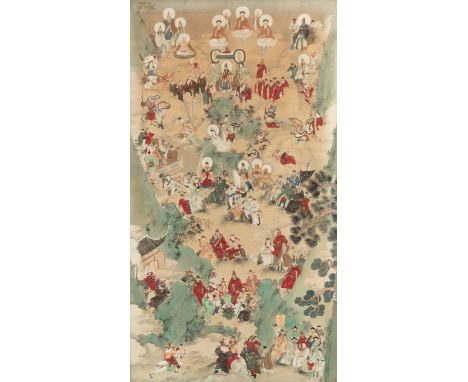 Feines daoistisch-buddhistisches PantheonChina, 18./ 19. Jh.173 x 95 cm (183,5 x 105,5 cm R.)Inmitten einer blau-grünen, wolk