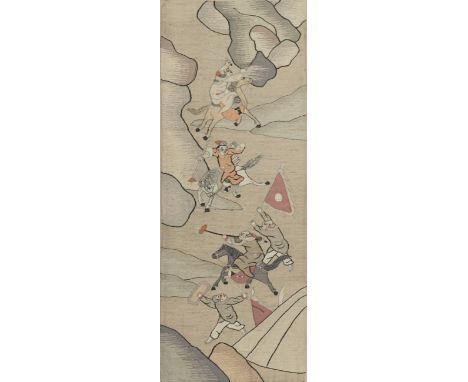 Braungrundige Seidenstickerei mit daoistischem Motiv und Fabeltieren und kesi-Stickerei mit KampfszeneChina, späte Qing-Dynas