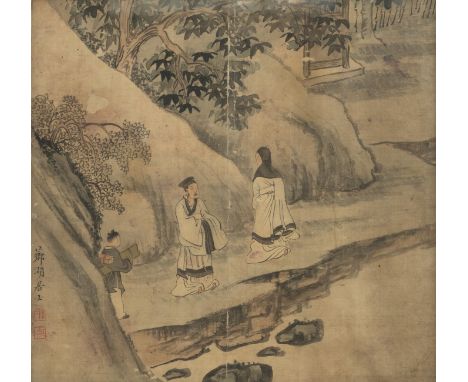 Albumblatt mit Darstellung einer Begegnung von zwei Gelehrten mit einem Diener. Tusche und wenig Farbe auf SeideChina, sign. 