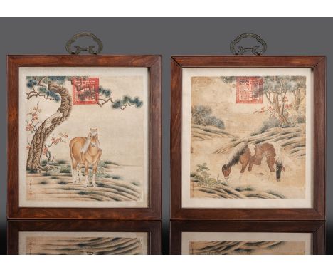 Im Stil von Castiglione (Lang Shining) (1688-1766)China, Qing-DynastieJe 36 x 33,7 cm, R.Zwei Pferde in Landschaften. Zwei Al
