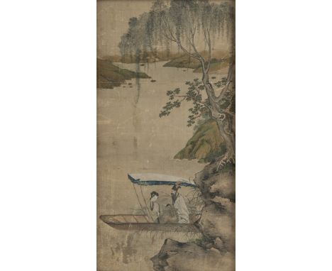 Malerei mit einer Romanszene eines Treffens im Boot in einer Uferlandschaft. Tusche und Farben auf SeideChina, zwei Siegel, Q
