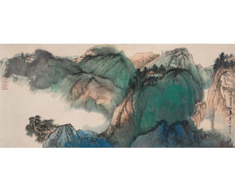 Zhang Daqian (1899 - 1983)China, datiert 197941,8 x 96,4 cm, R.Blaue und grüne Berglandschaft. Tusche und Farben auf Papier. 