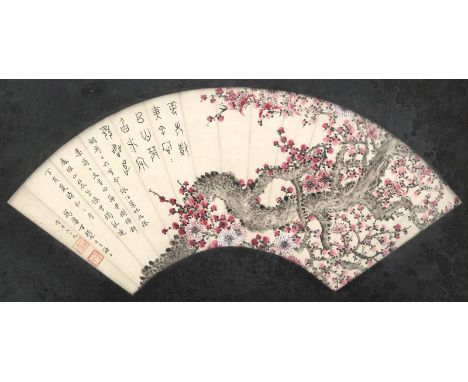 Ding Fuzhi (1879 - nach 1948)China, datiert 194717 x 49 / 43 x 69,5 cm R.Rote Pflaumenblüten. Datiert 1947. Fächermalerei, un