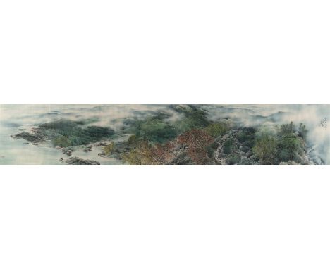 Feng Yiming (geb. 1965)China, datiert 199834.5 x 180 cm, R.Flusslandschaft im Vorfrühling mit Wasserfällen und malereischen B