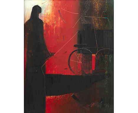 Paresh Maity (*1965)Indien, 1994100,5 x 80,5 / 109 x 89 cm R."Fünf Uhr am Morgen", signiert und datiert "Paresh '94", Öl auf 