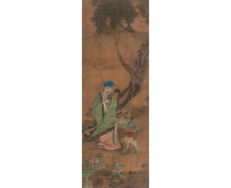 Der Unsterbliche Lü Dongbin mit einem DämonChina, Qing-Dynastie122 x 44 / 137 x 59 cm R.Gerahmt unter Glas, Tusche und Farben