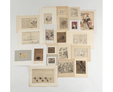 Portrait des Fujiwara no Toshiyuki und 19 Holzschnitte und Buchseiten von Kono Bairei, Masanobu u. a.Japandiv.Aus einer südde