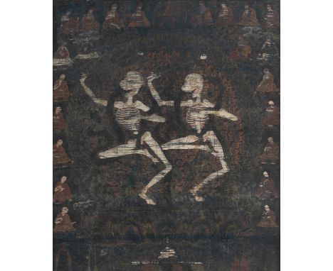Citipati - Die Hüter der LeichenstättenTibet, 17. Jh.56 x 47  (78 x 68) cm R.Aus dem Dunkel der Nacht der Leichenstätten, wo 