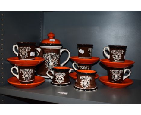 A mid-20th Century Schramberg Adlon patterned tea set, comprising a teapot and six teacups and saucers, a sucrier and milk ju