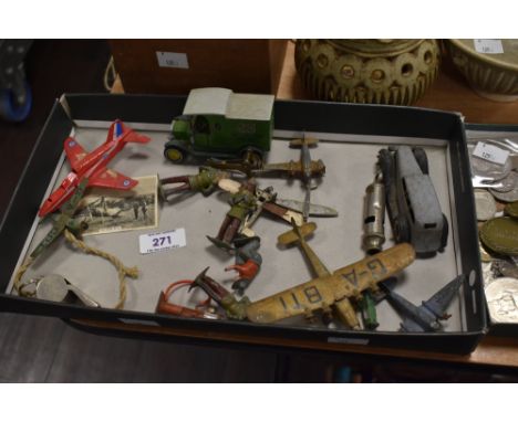 A collection of vintage toys and collectables, to include lead soldiers, diecast models, an Acme City whistle, and other item