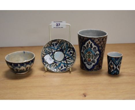 A small collection of Iznik style earthenware pottery, the largest item measuring 10cm tall