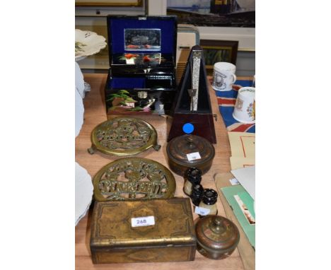 A 20th Century Chinese lacquered jewellery box with mirrored interior, two brass pot stands, Cloisonne ware, a mid-20th Centu