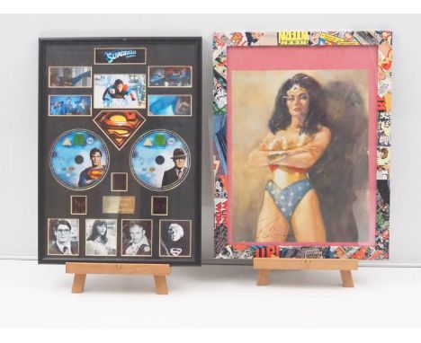 SUPERMAN - THE MOVIE - framed and glazed DVD and film cel presentation together with WONDER WOMAN - print by Felipe Echevarri