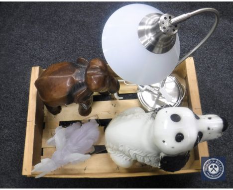 A crate of pottery Spaniel figure, table lamp with shade, glass figure of elephant family and wooden elephant 10
