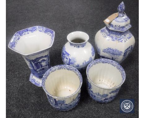 A pair of Spode blue and white planters and three vases 