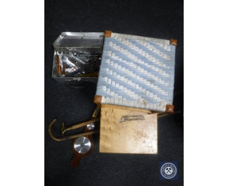 A pine cracket, rush seated stool, metal box of hand tools, barometer and two walking sticks 
