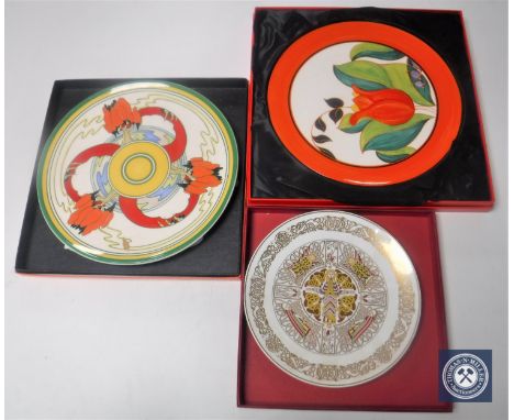 A Clarice Cliff Red Tulip collector's plate, Wedgwood Clarice Cliff Bizzare plate and Spode The Durham plate (all boxed) 