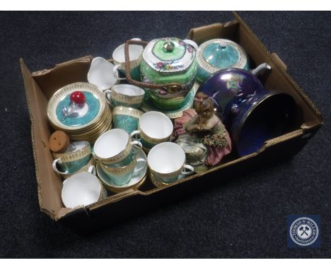 A box of Royal Grafton bone china tea service, Maling bowl, Maling caddy, continental figure etc 