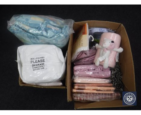 Two crates containing a quantity of brand new and still-sealed soft goods, curtains, bedding, clothing, etc.  (Q) 