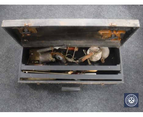 A mid 20th century pine joiner's tool box containing hand tools