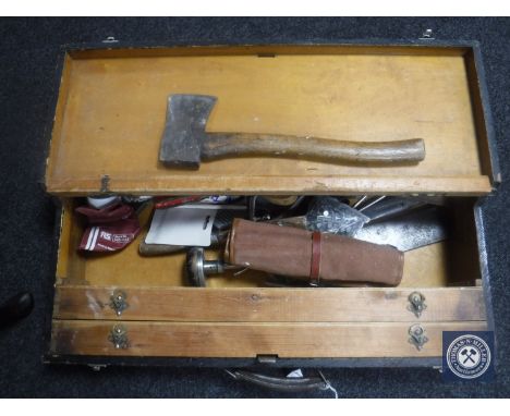A pine joiner's tool box containing hand tools 