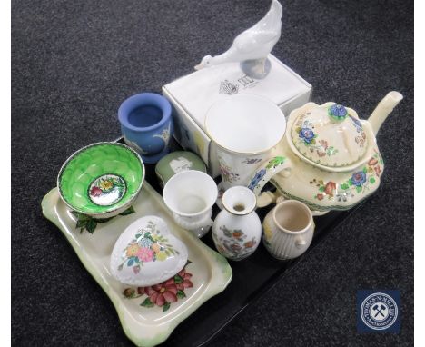 A tray of boxed Nao figure of a duck, Wedgwood Jasperware, Maling trinket dish and bowl, Adam Strathmere floral teapot 