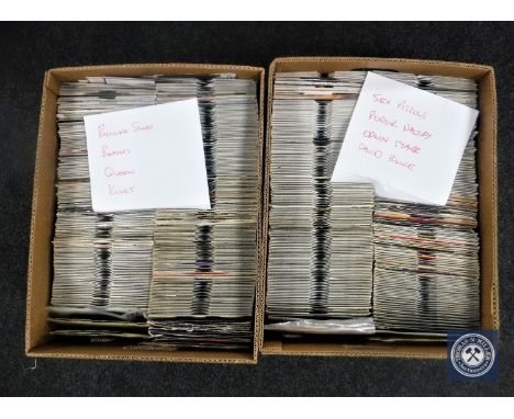 Two boxes containing 7" singles including Rolling Stones, Beatles, Sex Pistols, Queen, David Bowie etc