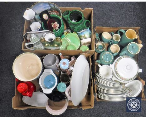 Three boxes of assorted china including Poole, Denby, Maling tea plates and saucers, teapots, planters etc 