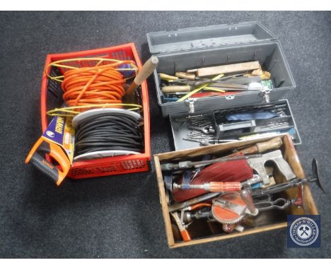 A wooden crate of vintage and later hand tools, concertina tool box and crate of extension leads 