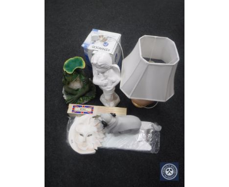 A Kenwood blender, boxed, together with an RDL shaving light, boxed, a novelty frog ornament, a table lamp with shade, a cont
