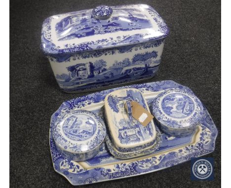 Five pieces of Spode blue and white china - bread crock, serving plate, butter dish etc 