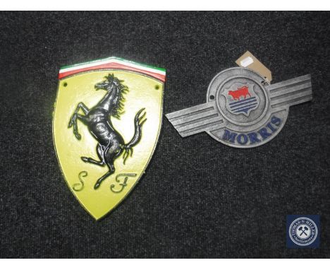 Two cast iron plaques - Ferrari and Morris 