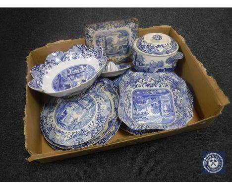 A box of eleven pieces of blue and white Spode china - tureens, bowls, cake stand, etc 