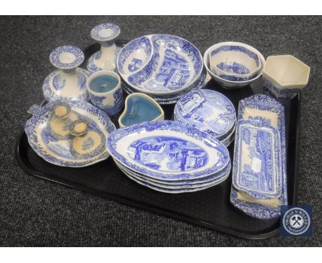 Spode blue and white china - shallow dishes, candlesticks, candle holders, dishes etc 