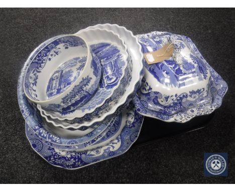 Spode blue and white china - serving dishes, flan dishes, lidded tureen etc 